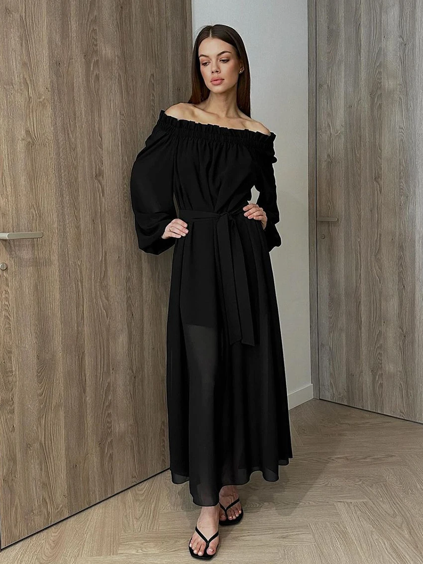 

Marthaqiqi Casual Ladies Nightwear Slash Neck Sleepwear Long Sleeve Pajamas Lace Up Nightie Ankle-Length Dress Winter Nightgowns