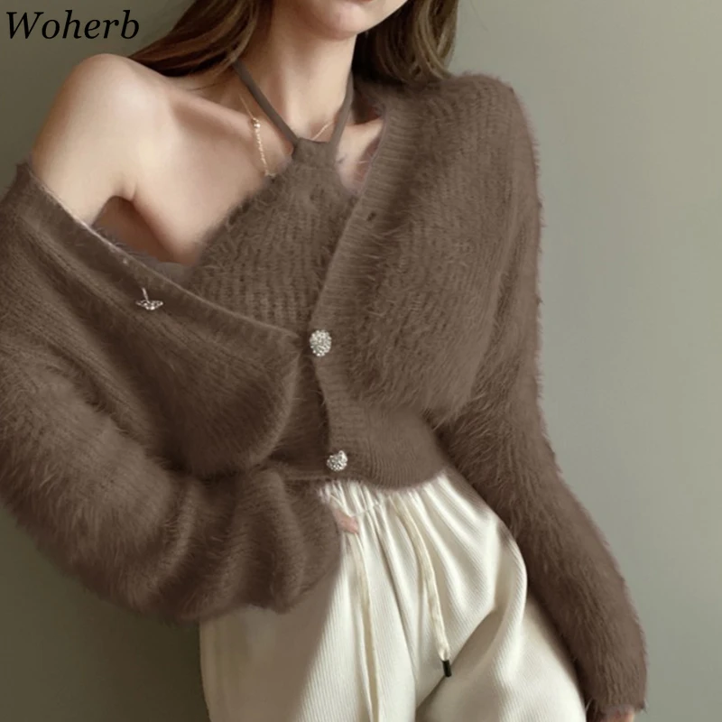 Woherb Mohair Knitted Two Pieces Set Women 2024 Korean Chic Crop Cardigan + Halter Tops Vest Laides Casual Spring Sexy Outfits