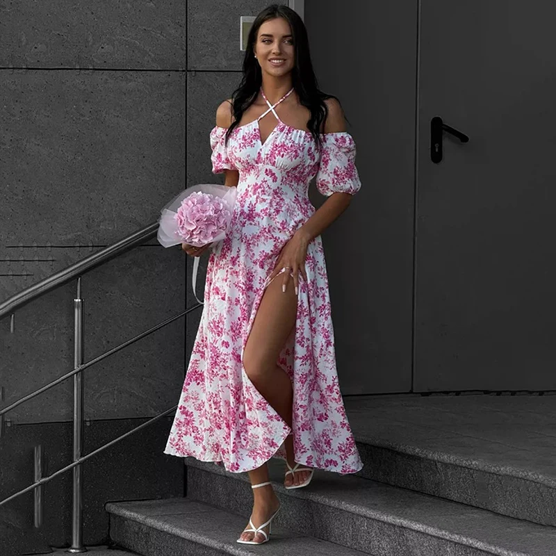 トルノバ オフショルダー 花柄 レディース バケーションドレス 半袖 レース ファッション プリント スリット ロングドレス カジュアル ルーズ 2026 夏新作
