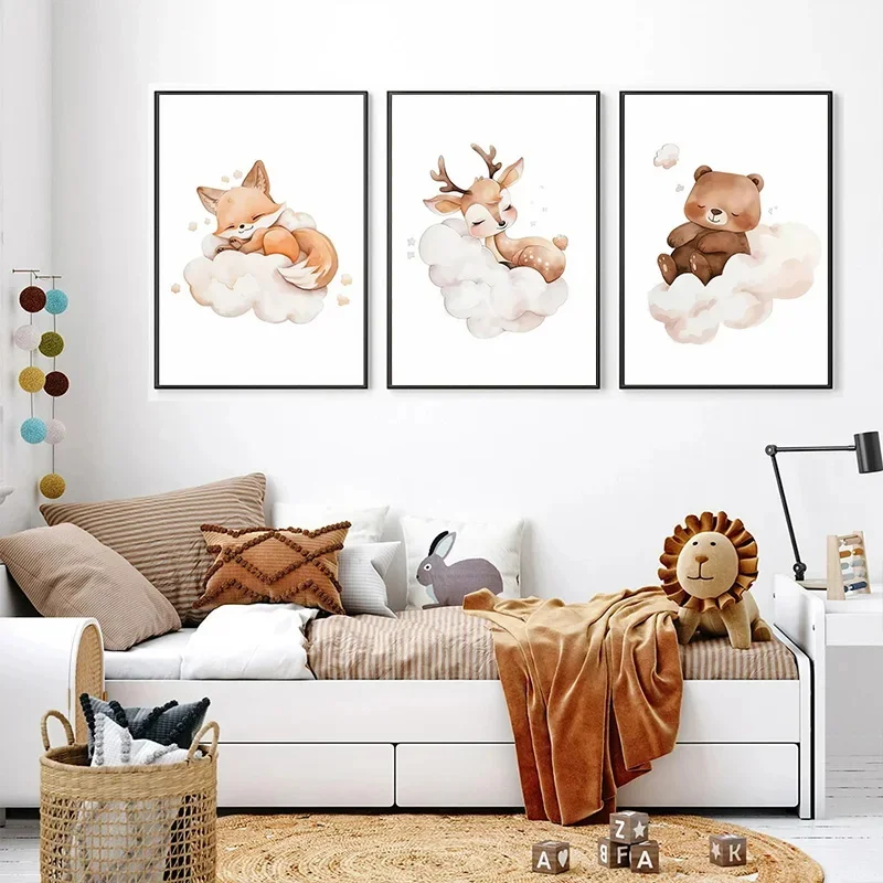 

Cartoon Cloud Animal Canvas Painting Wall Art Cute Raccoon Fox Deer Kids Bedroom Poster Nursery Picture Baby Room Decor Mural