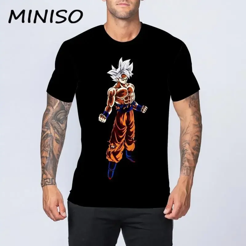 MINISO Japanese Anime Men Cosplay T-Shirt Son Goku Costume Summer Tops Dragons Printed Black Novelty Tee Casual Male Clothing