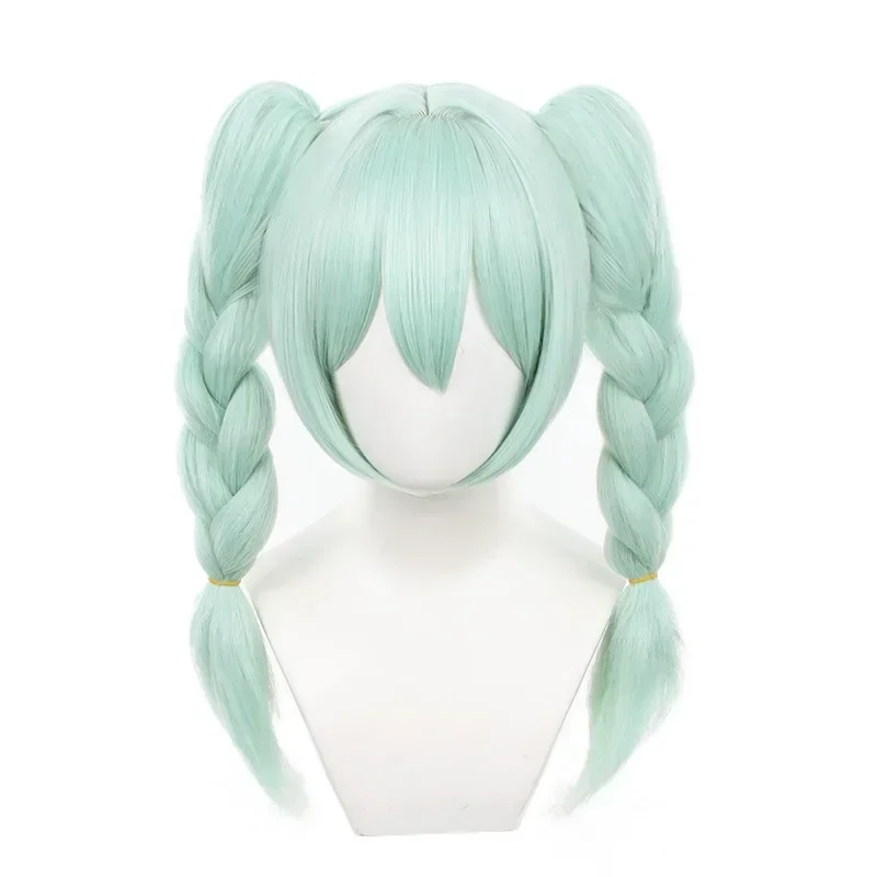 Anime Chuyin Rabbit Cosplay Bunny Wig Light Green Pre Braided With Double Ponytails Heat Resistant Synthetic Hair Anime Wigs+Cap