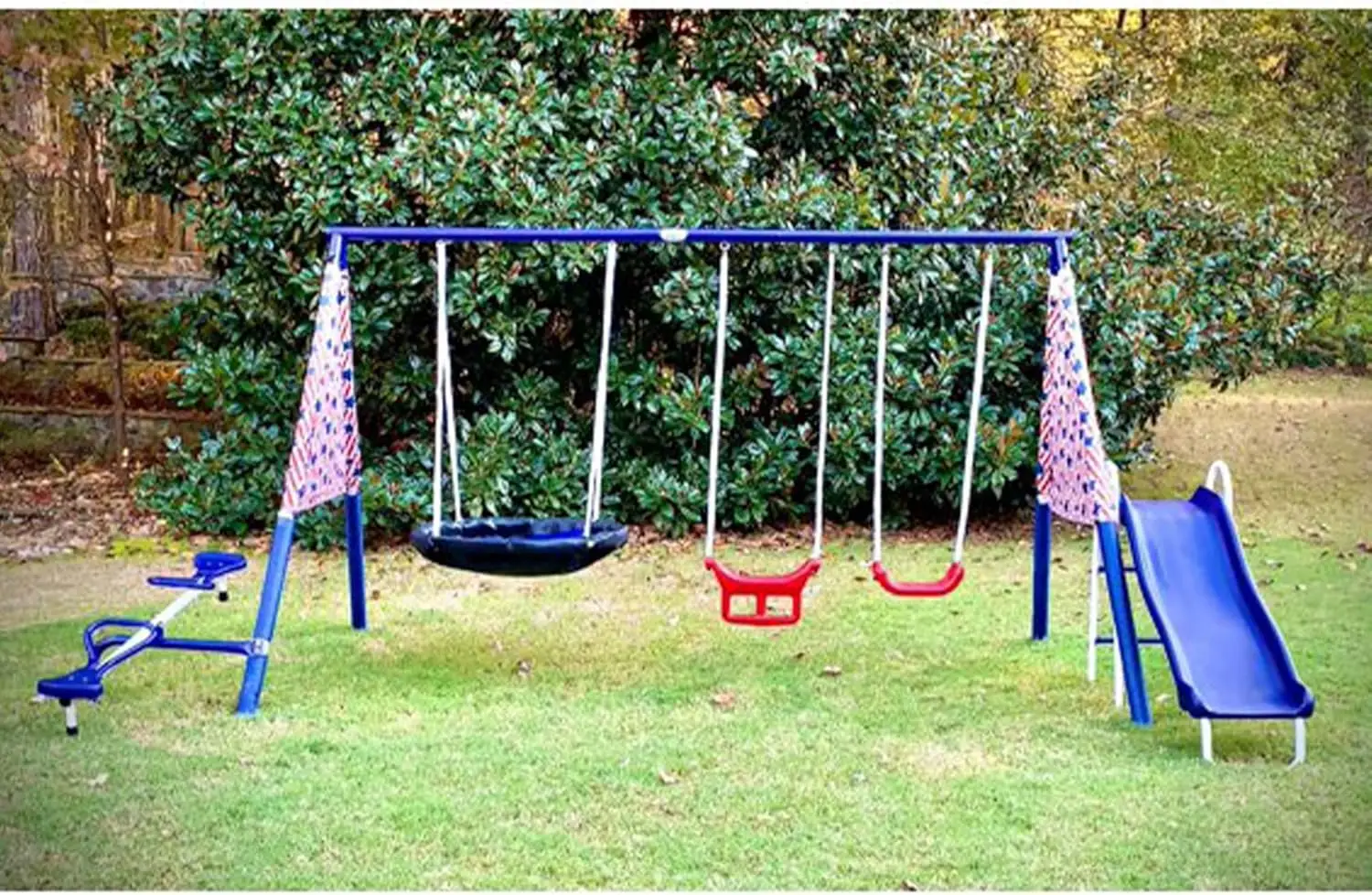 Freedom diversão metal a-frame crianças conjunto de balanço ao ar livre 7 criança capacidade quintal playground brinquedo conjunto com slide, 3 tipos de balanço e ver