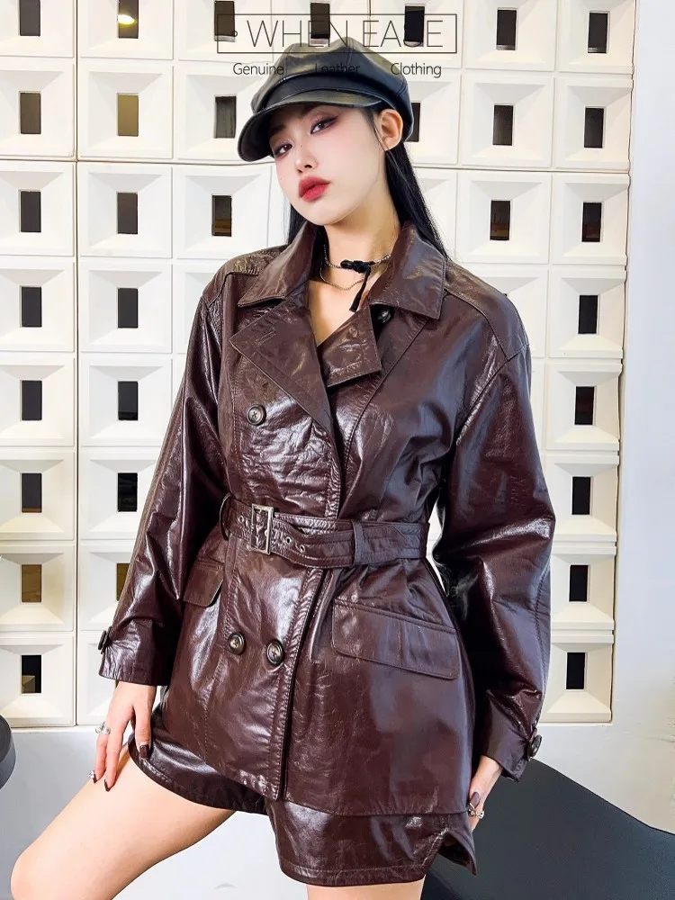 Винтажная осенняя женская двубортная куртка с поясом, облегающая куртка средней длины, масляная восковая овчина, куртка из натуральной кожи, ветровка, пальто