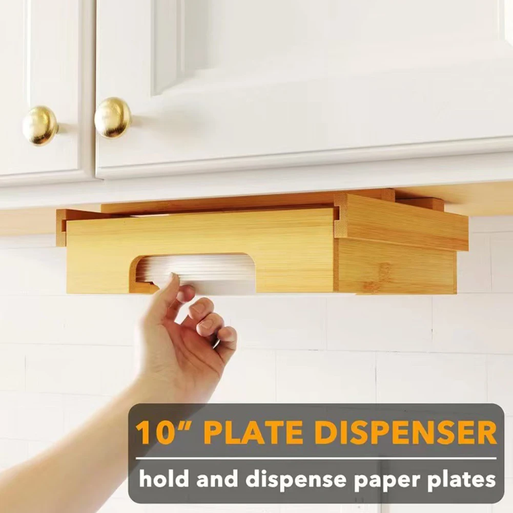 10-Inch Bamboo Under Cabinet Plates Holder Paper Tray Storage Rack Disposable Paper Tray Dispenser for Kitchen Counter