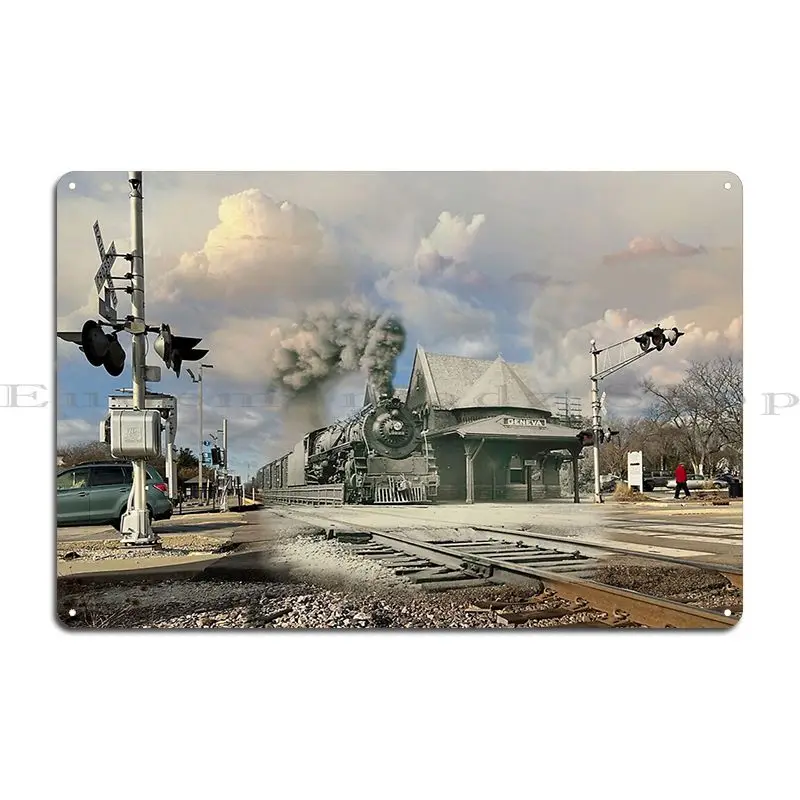 Mashup Geneva Il Steam Train At Geneva Station Metal Sign Decoration Wall Mural Create Wall Cave Living Room Tin Sign Poster