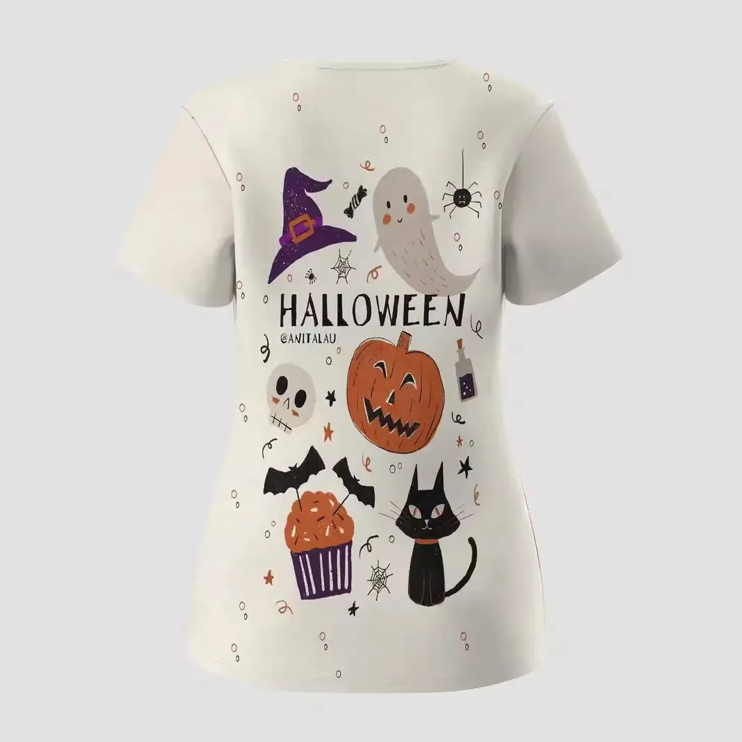 Women\'s V-neck short sleeved T-shirt top nursing uniform Halloween series cartoon pumpkin ghost 3D printed nursing work uniform