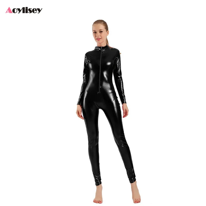 Vêtements de danse de ballet métalliques brillants pour femmes, combinaisons, fermeture à glissière avant, perforation de scène, olympiques d'Halloween, olympiques de cosplay