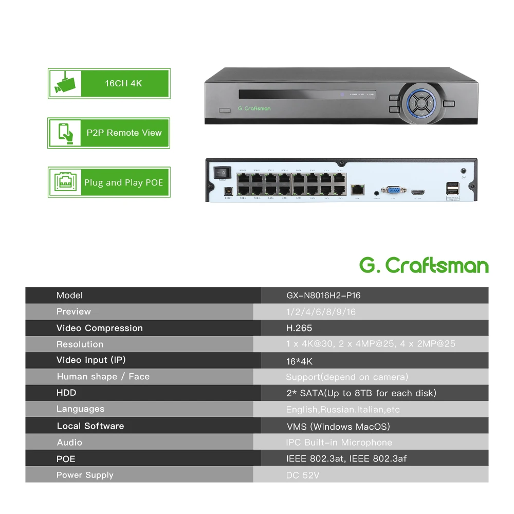 XMeye 16ch 4K POE NVR H.265X Onvif Network Video Recorder 2 HDD 24/7 Recording IP Camera Onvif P2P System
