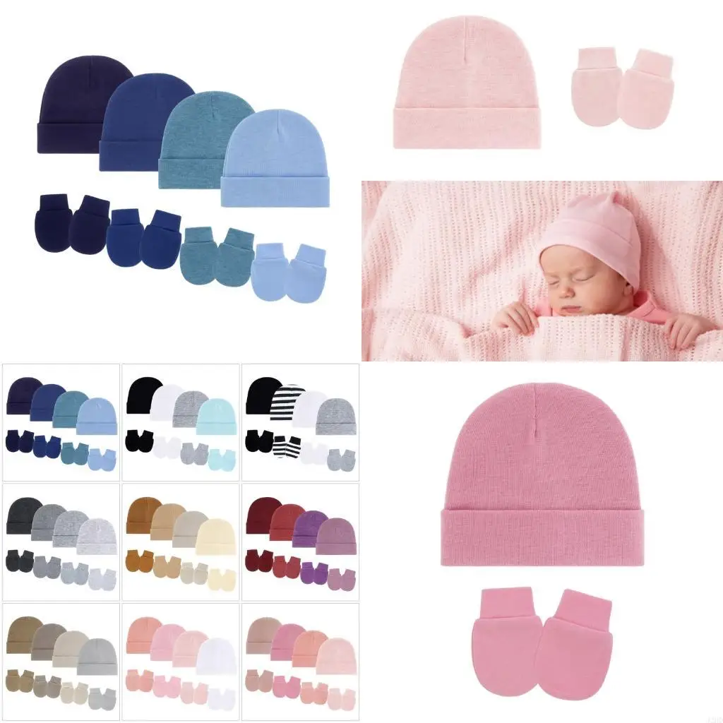 

J2HD 4 Set Neworns Bonnet Cap и Mittens Machine Passable Baby Feed Hat Gloves