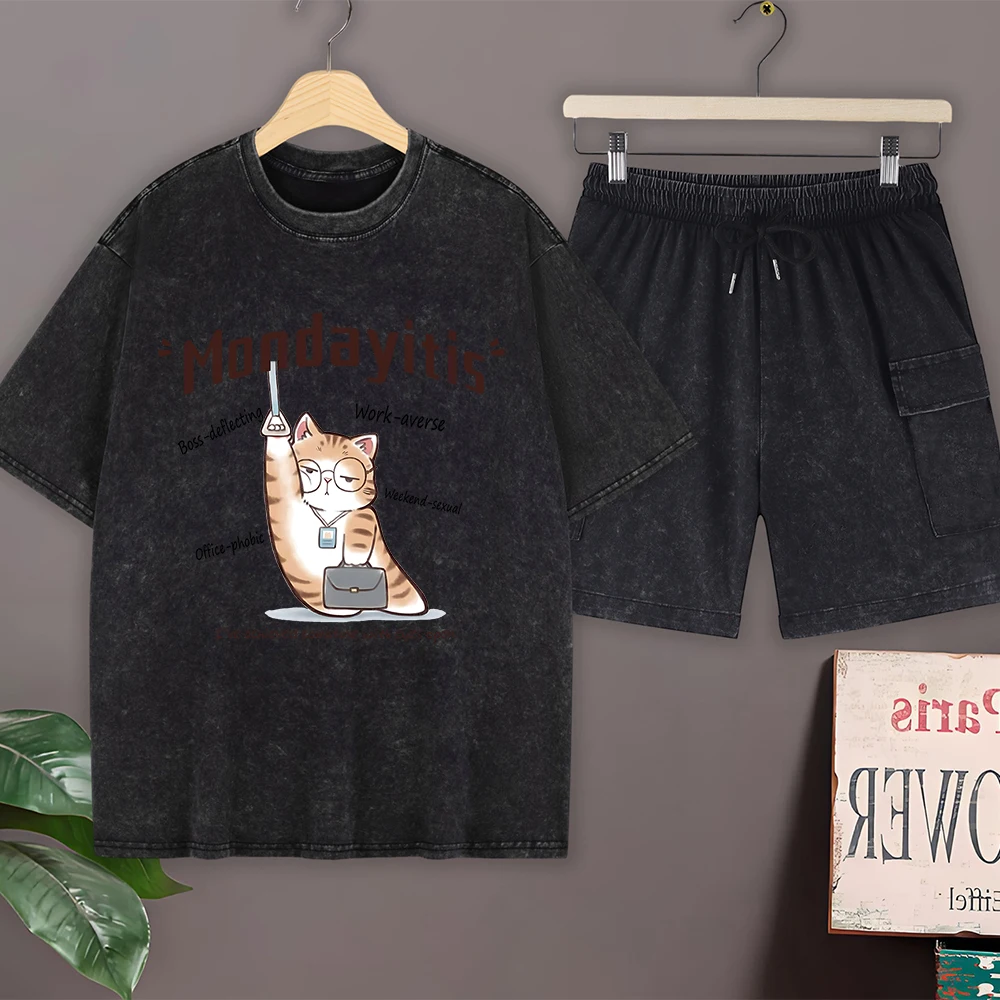 

Мужской летний комплект из хлопковых футболок и шорт: футболка оверсайз с принтом «Кот с ножом», шорты карго, с круглым вырезом, с коротким рукавом