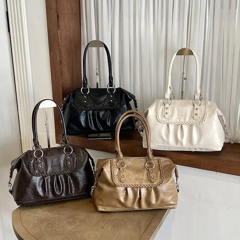 Women Beige PU Leather Handbag with Braided Trim Top Handle Satchel Bag for Daily Work Shopping Travel