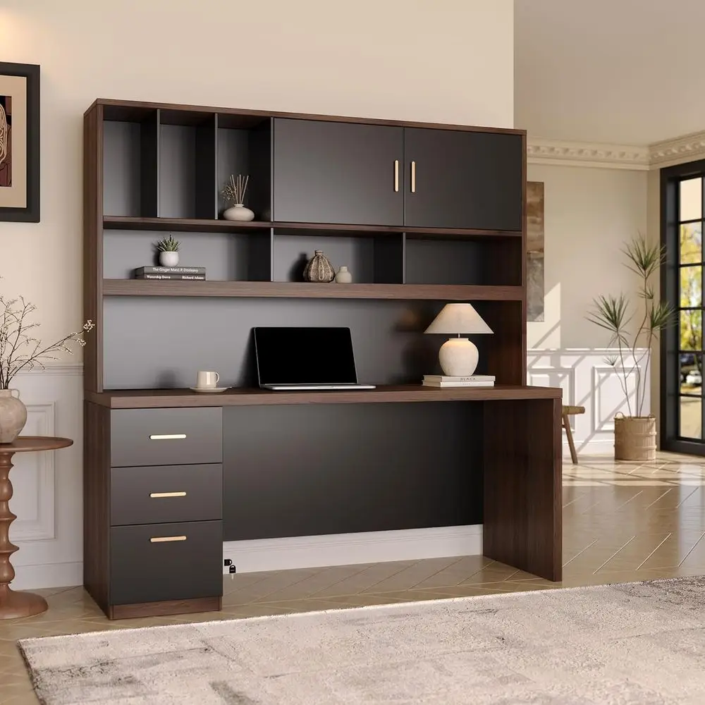 

72.8'' Black Walnut Executive Office Desk with Storage, Hutch, and Power Outlet for Home Study