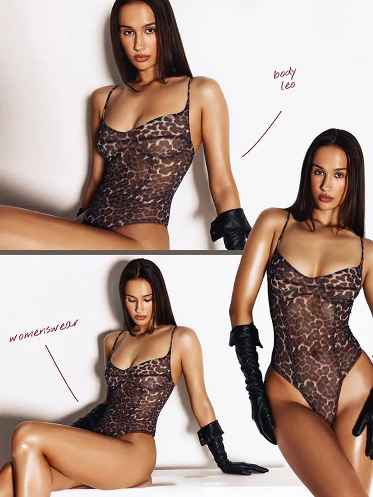 Mesh Leopard Bodysuit For Women Fashion Sexy Streetwear Straps Sleeveless Slash Neck Skinny See Though Rompers Female Sheath