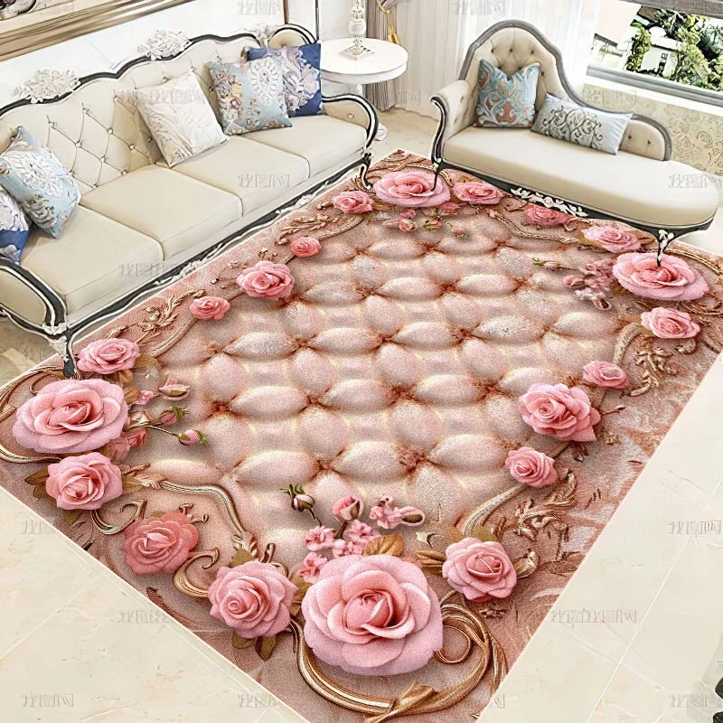 Nordic Luxury Pink Carpet Living Room Large Size Pastoral Flower Home Bedroom Rugs Washable Lounge Rug Hotel Lobby Floor Mats