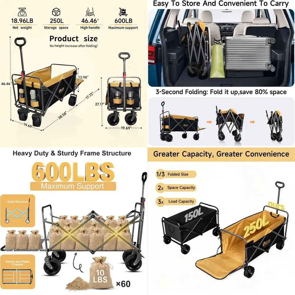Heavy-Duty 250L Collapsible Utility Wagon with Tires and Brake for Beach, Camping, Garden, and Shopping