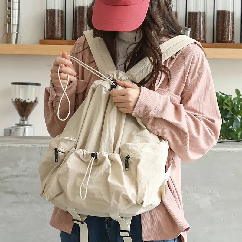 Women Nylon Drawstring Backpack Female Lightweight School Daypack Ladies Casual Travel Rucksack Side Zipper Pouch Sport Bag