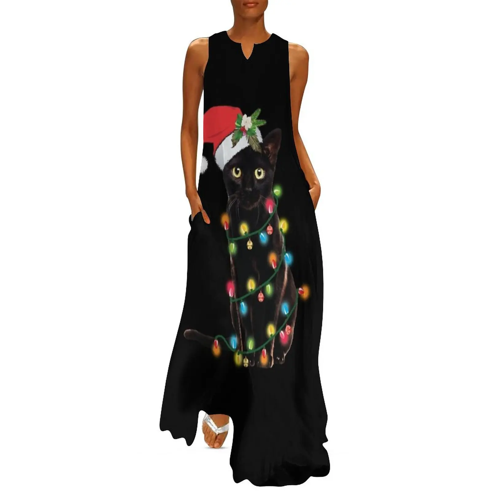 Black Santa Cat Tangled Up In Lights Christmas Santa Illustration Long Dress Bridesmaid dress woman summer dress woman 2025