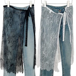 Vintage Flower Pattern Eyelash Lace Long Skirt Hip Scarf for Women Tie Up Aesthetic See Through Apron Covering Dropship