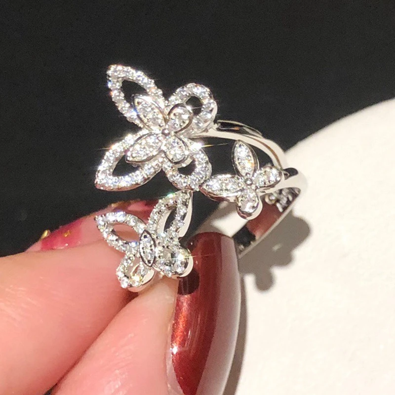 New 925 Sterling Silver Zircon High Carbon Diamond Flower Butterfly Open Rings Fine Jewelry Woman Wedding Party Wholesale