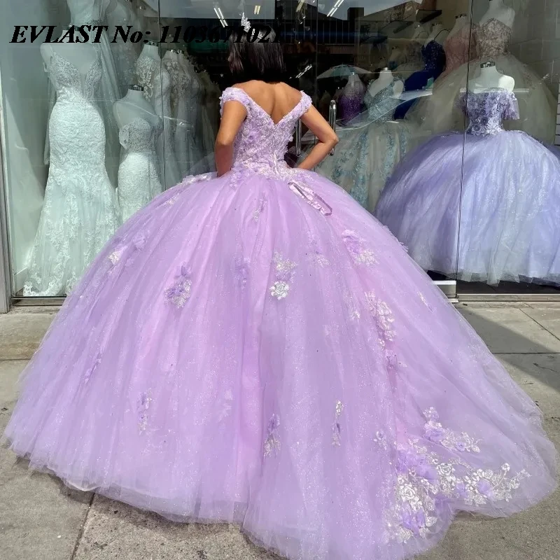 EVLAST Princess Lilac Quinnceanera Dress Ball Gown 3D Floral Applique Beaded Mexico Corset Sweet 16 Vestidos De 15 Anos SQ567