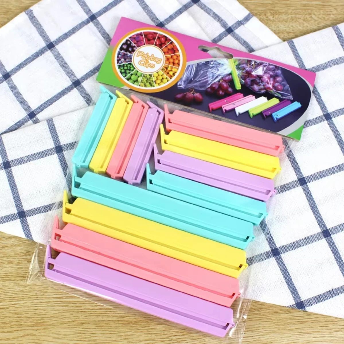 Conjunto de 12 Clips para Embalagem de Alimentos, Clipes de Selagem Plásticos de 7/10/15cm, Multicoloridos, Organização Portátil para Armazenamento na Cozinha