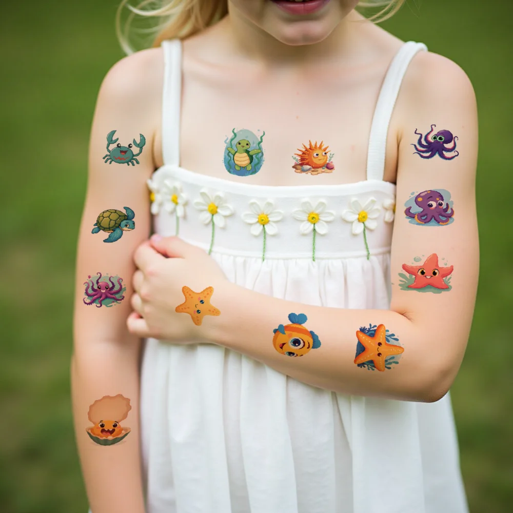 54 Uds tatuaje temporal estrella de mar dibujos animados cangrejo pulpo impermeable pegatinas corporales de larga duración pingüino para niños mejillas