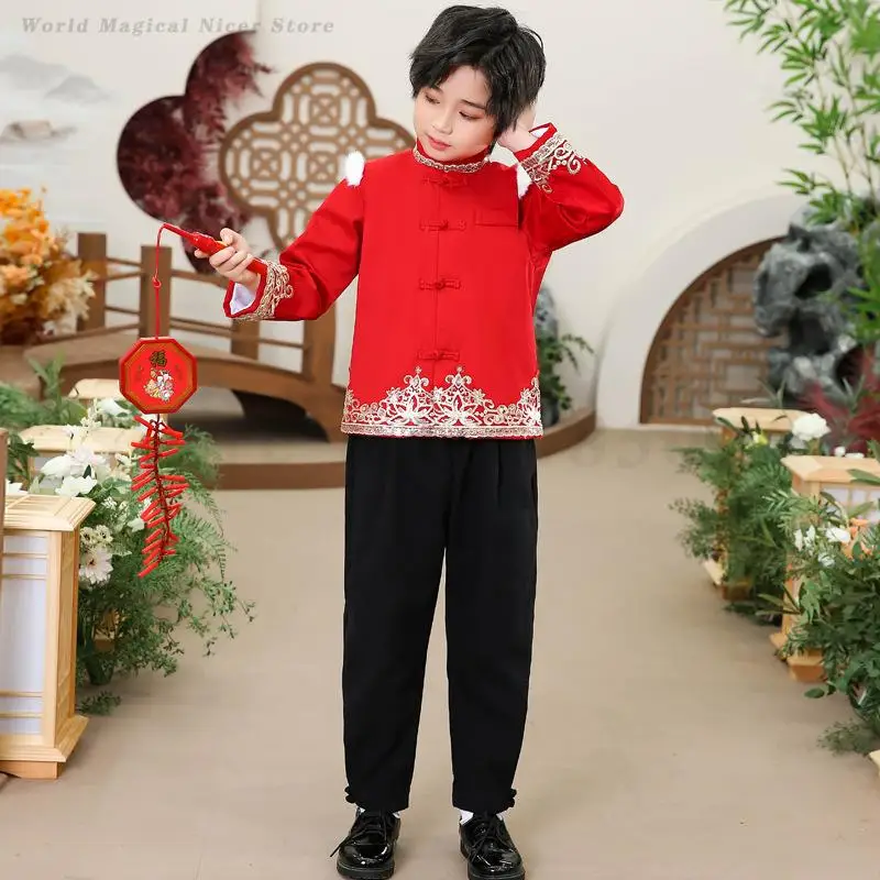 Children\'s Autumn Winter Tang Costumes Girls Chinese Traditional Hanfu Qipao Dress Boys New Year Tang Suit Kong Fu Clothes