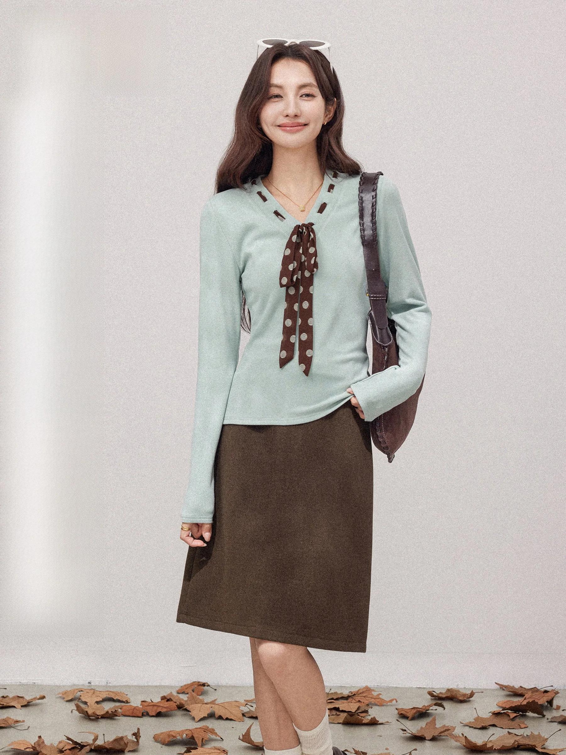 

een Polka Dot Silk Scarf V-Ne Long Sve T-irt Women's Autumn Winter New Sle Beautiful Korean System Absolutely Beau...