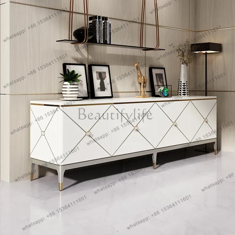 FG11American light luxury TV cabinet ivory white piano paint European villa living room storage solid wood floor cabinet