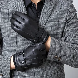 M-XL Men Real Leather Driving Cycling Gift Gloves Winter Warm Lining Soft Knitted Thick Sheepskin Button Adjust Gloves Opening