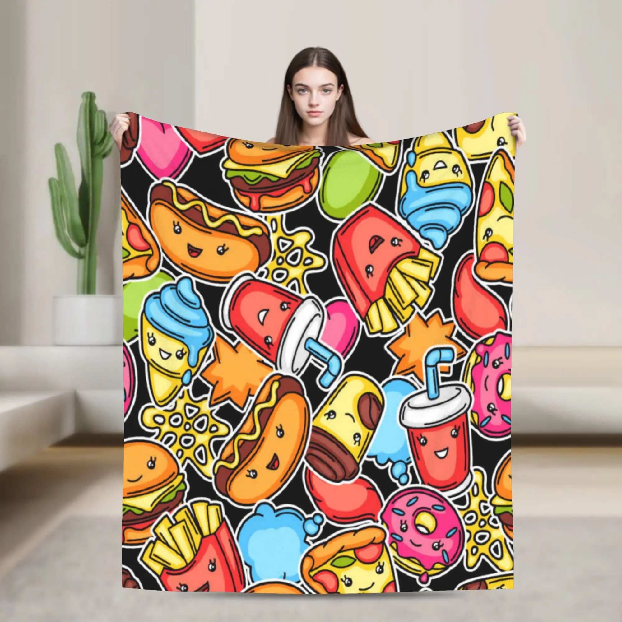 cute kawaii fast food meal Blanket Quality Soft Warm  Throw Blanket Winter Students Couch Bed Pattern Bedspread