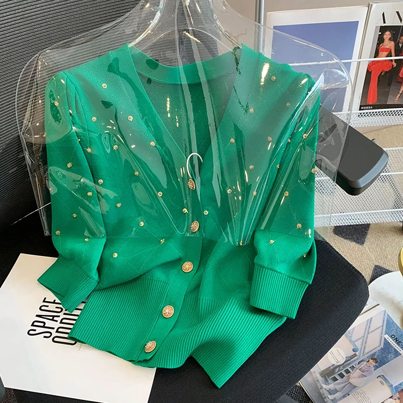 2022 Summer Diamonds Beading Cardigan Women Puff Sleeve V-neck Crop Tops Green Stylish Fashion Ladies Women Knitwear Jumpers