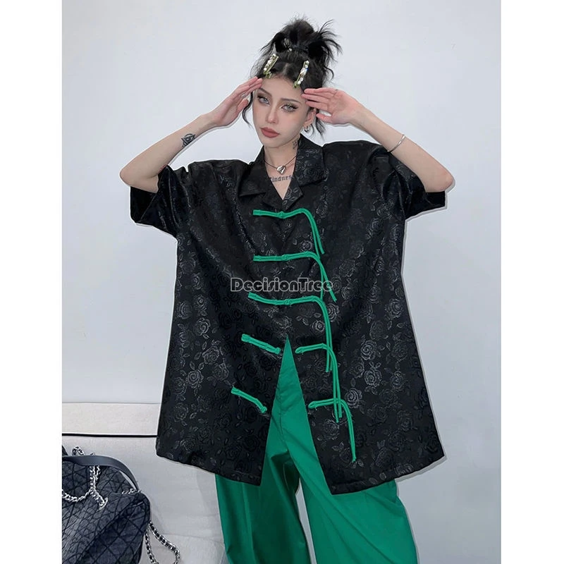 

2024 new chinese style pan button tassel tang suit top summer loose thin breathable blouse fashionable printing casual daily top