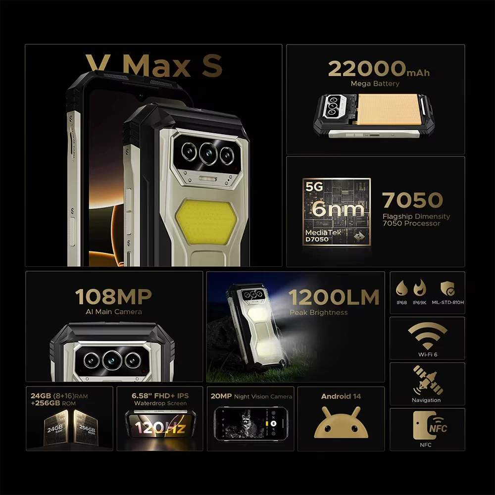 Прочный телефон DOOGEE V Max S 5G, 6,58 дюйма, 120 Гц, 24 ГБ (8 + 16), 256 ГБ, 22000 мАч, аккумулятор, смартфон, фонари для кемпинга, 108 МП, камера, смартфон