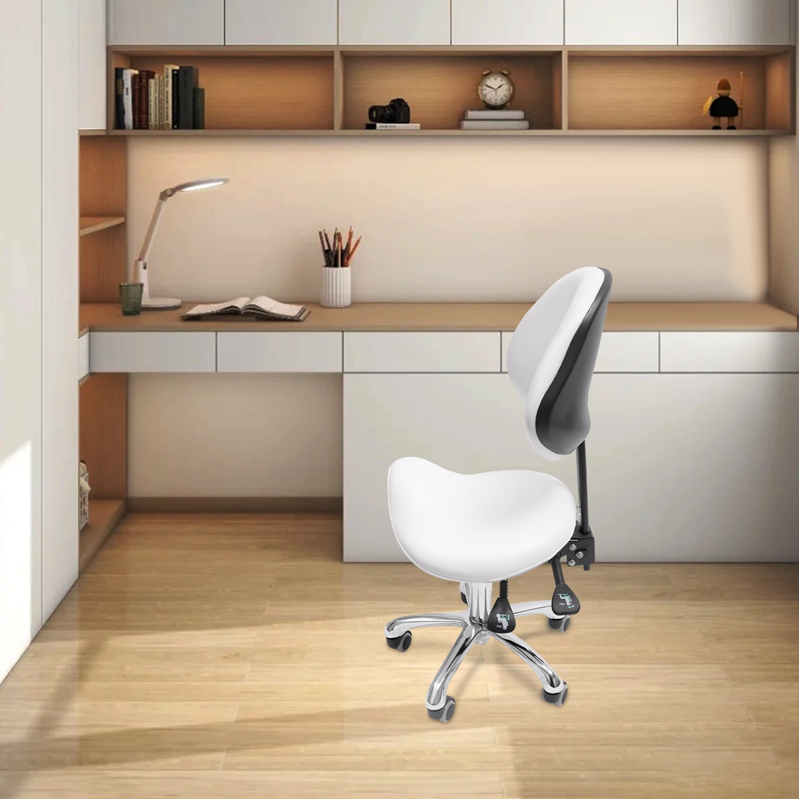 

Saddle Stool with Backrest &wheel White Rolling Salon Chair Adjustable Swivel Saddle Stool for Hairdressers Beauty Parlor Clinic