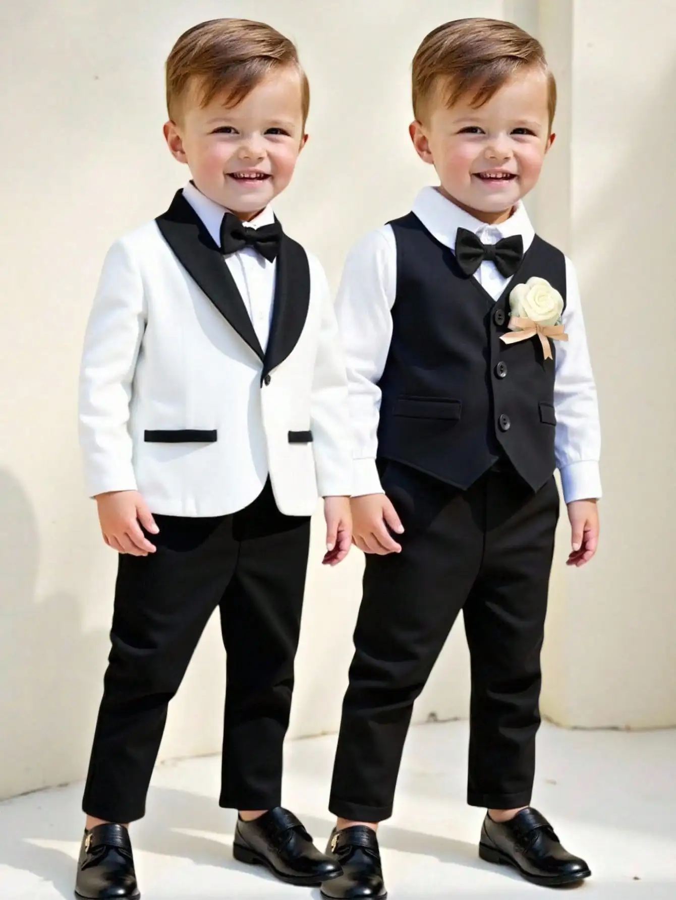 

Комплект из 3 предметов: нарядный костюм для мальчиков-малышей: белый пиджак с черными лацканами, жилет, рубашка и брюки