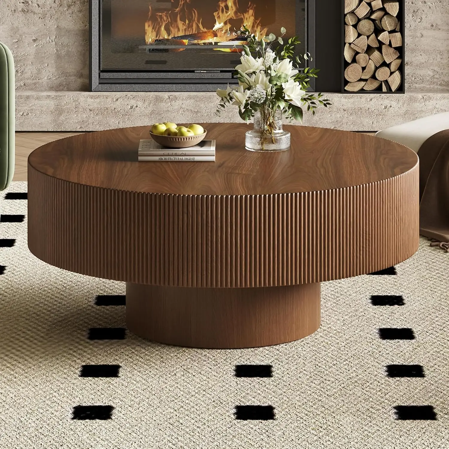 Round Fluted Coffee Table Modern Wood Drum Center Accent Table with Pedestal for Living Room Bedroom Office Walnut, Customized