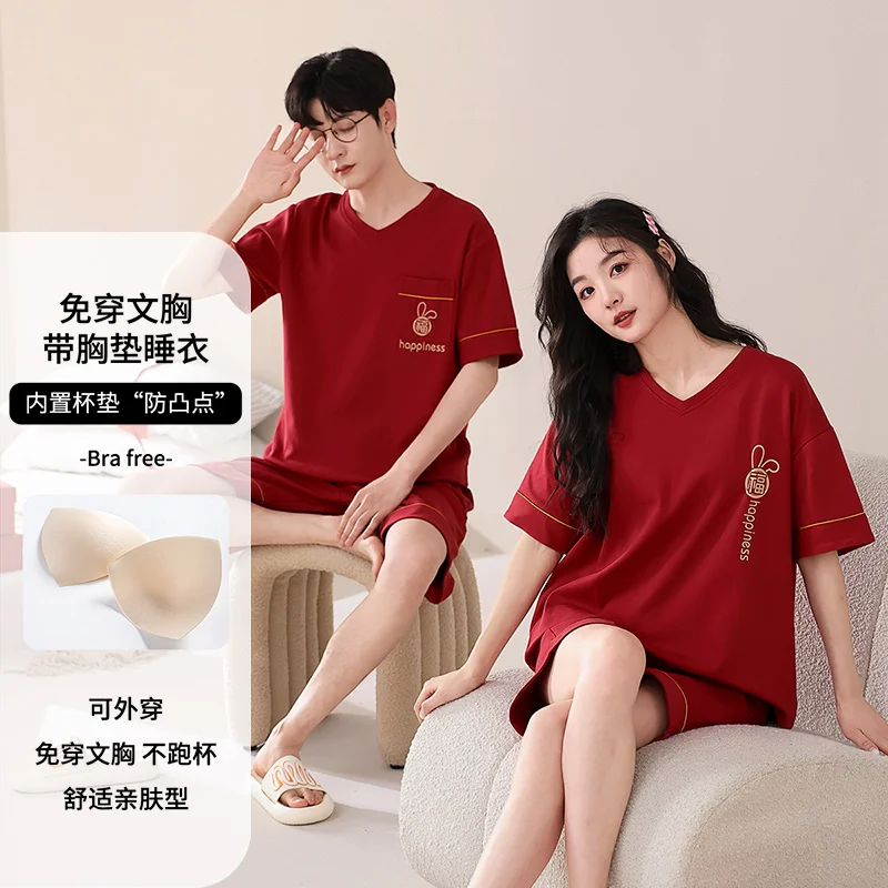 Couple Pajamas Set Cute Cartoon 100% Cotton Pyjamas Short Tops+Short Pants Sleepwear Women Casual Pyjamas With Chest Pad