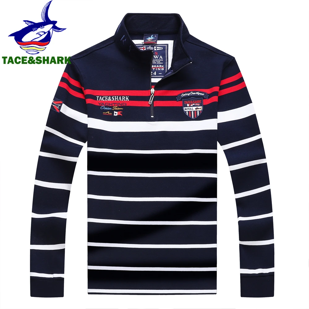 TACE&SHARK Brand Business Casual Men‘s Long Sleeve Polo Shirt Slim Fit Striped Design Office and Daily Wear
