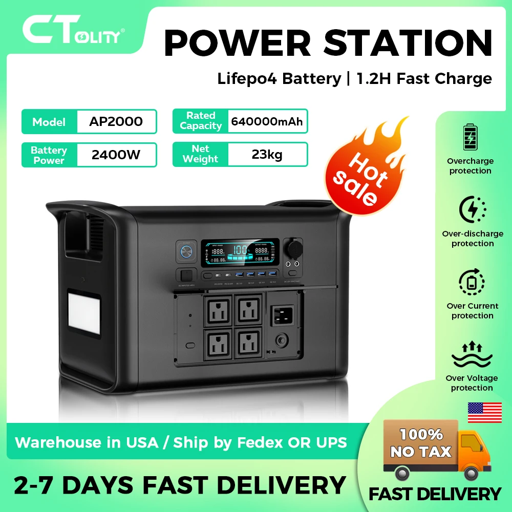 

CTOLITY AP2000 2600W Portable Power Station 220v AC 2048WH Solar Generator Energy Storage Power Supply Camping LiFePO4 Batteries