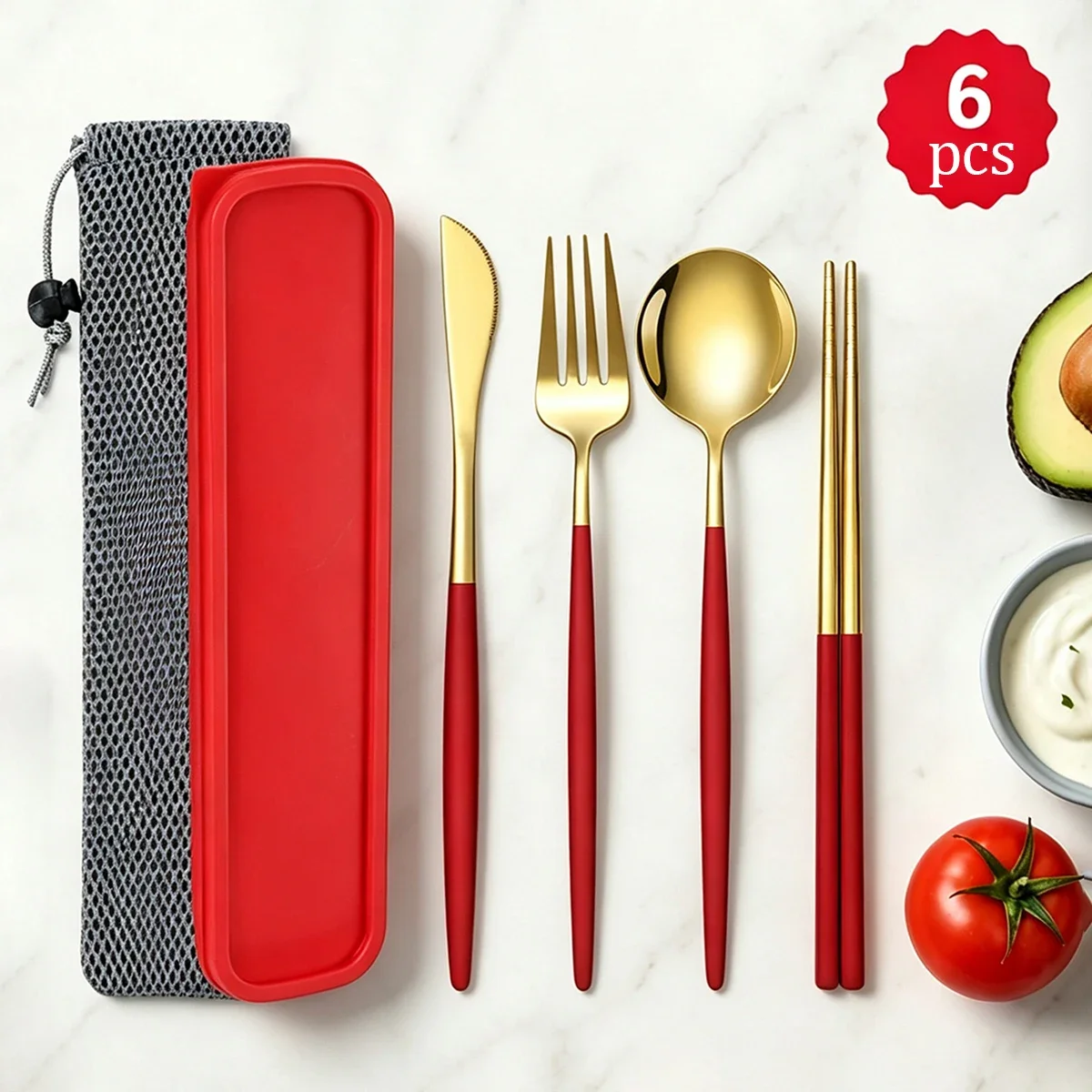 6pcs Red Gold Stainless Steel Dinnerware Set Knife Fork Spoon Chopsticks with Storage Box Bag Mirror Tableware Kitchen Flatware