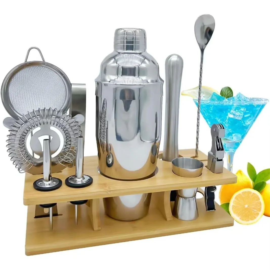 

Bartender Kit 11-Piece Cocktail Shaker with Bamboo Stand, Muddler, and Recipes for Perfect Martinis