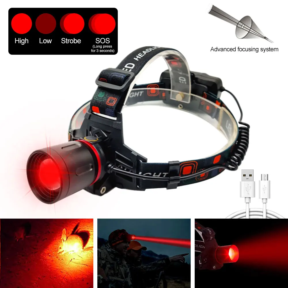 1000LM Zoomable Headlamp Green/Red Hunting HeadLight Outdoor Waterproof Headlight USB Rechargeable Camping Hiking Head Lamp