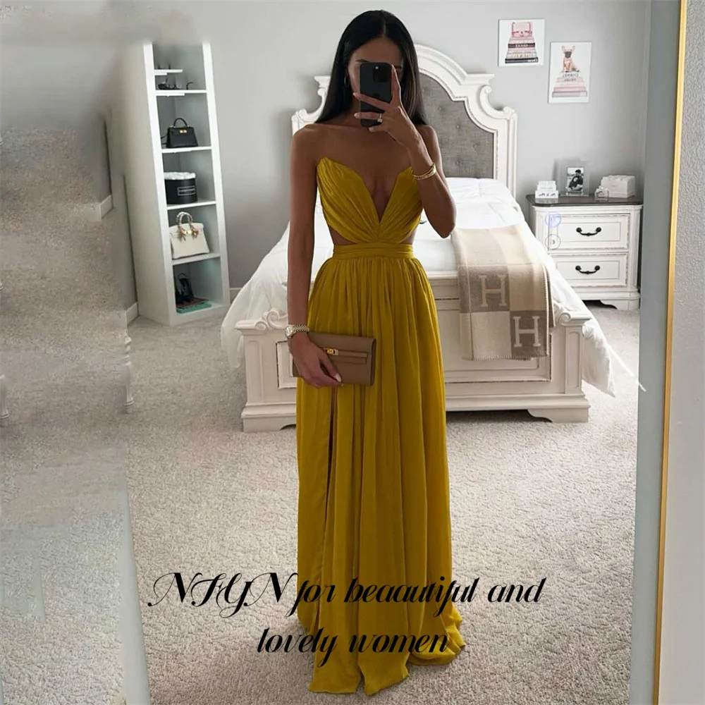 

NFYN Simple Yellow Chiffion Prom Dress Gown Pleats Formal Gown Beach V-Neck Sleeveless Evening Gown vestidos de noche Customized