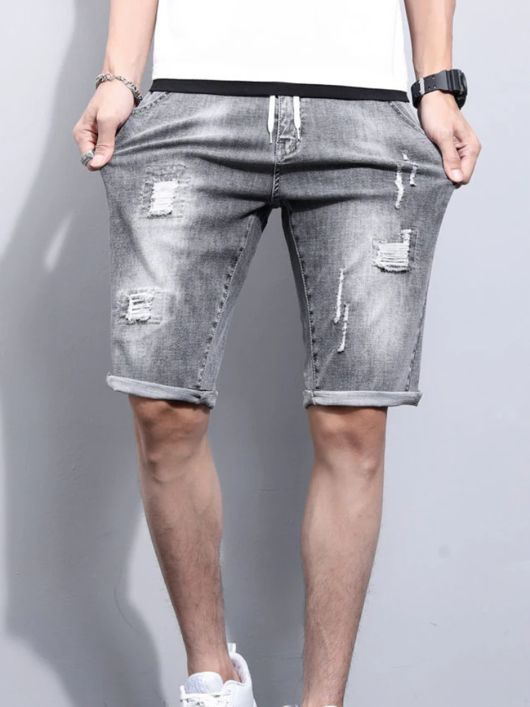 Man Denim Shorts Stretch Drawstring Ripped with Pockets Short Jeans Pants for Men Luxury Original Trend 2024 Rude Streetwear Emo