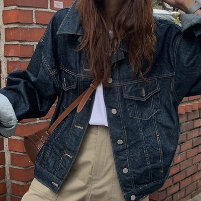 

Retro Chic Washed Denim Jacket Loose Casual Stand Collar Single Button Outerwear for Women Commute Style Spring Season