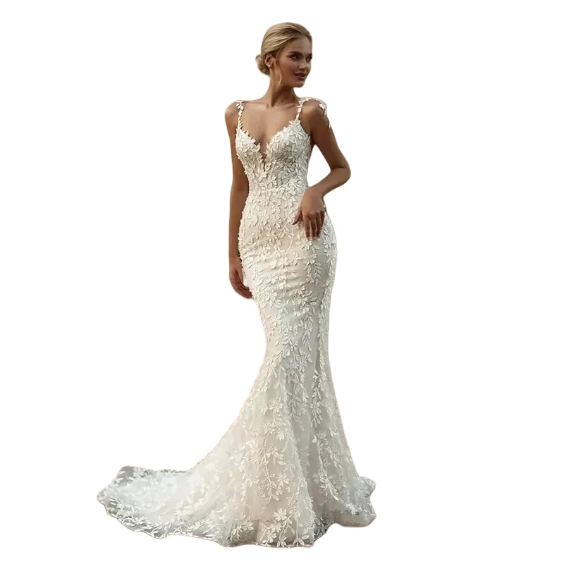 مثير حورية البحر الدانتيل فستان الزفاف الخامس الرقبة عارية الذراعين السباغيتي الأشرطة العاج بوهو فستان زفاف سويب تراين مخصص