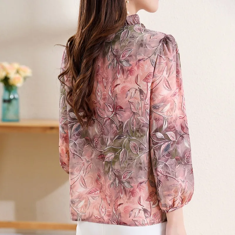 Modna koszula damska w stylu koreańskim z długim rękawem i nadrukiem z szyfonu