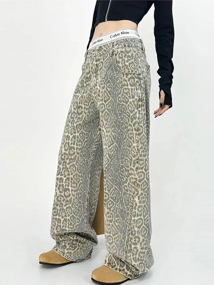 HOUZHOU Leopard Jeans Women Denim Pants Female Oversize Wide Leg Trousers Streetwear Hip Hop Vintage Clothes Loose Casual